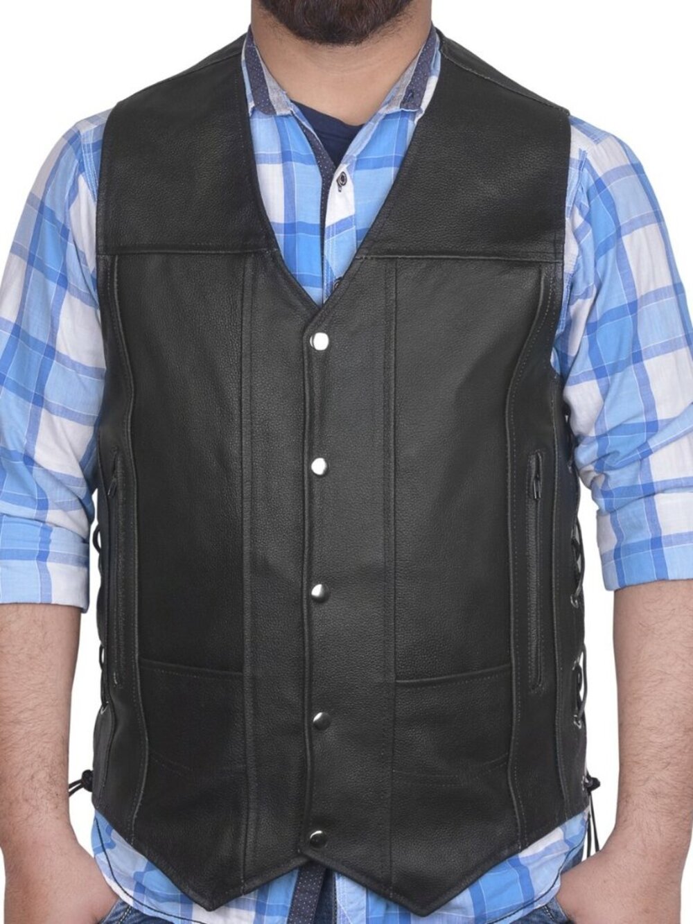 Leather Biker Vest Men's Black  Motorcycle Vest Size 60 3XL .